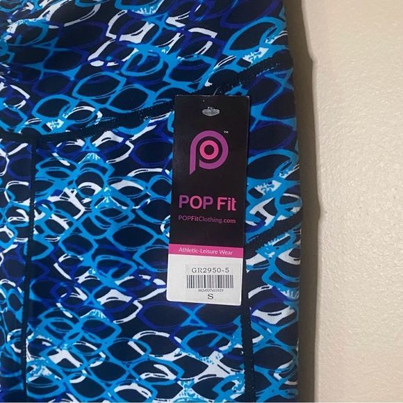 POP Fit Leggings NWT Black  Mesh Insert Aqua Blue White Abstract Pattern Size S - Picture 3 of 4